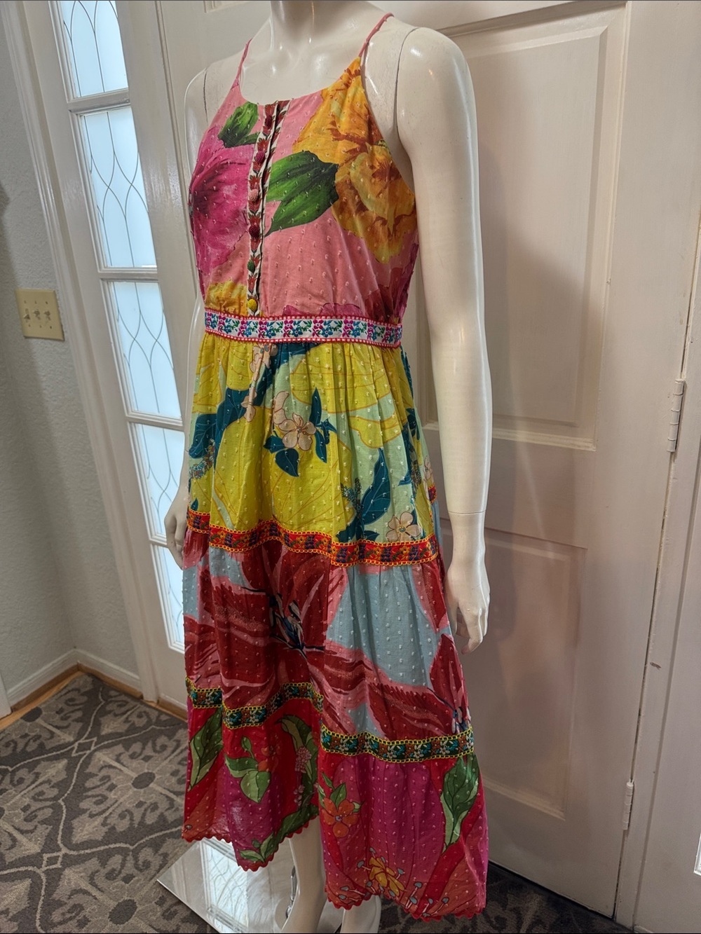 Farm Rio Tiered Cotton Tank Midi In Mixed Garden Floral Dress Size XSMALL - Picture 8 of 15